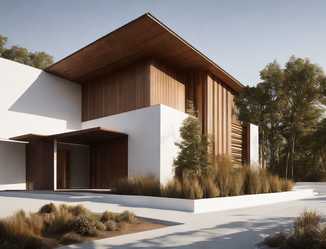 Contemporary house with white walls, wooden paneling, and triangular roof in grassy setting.