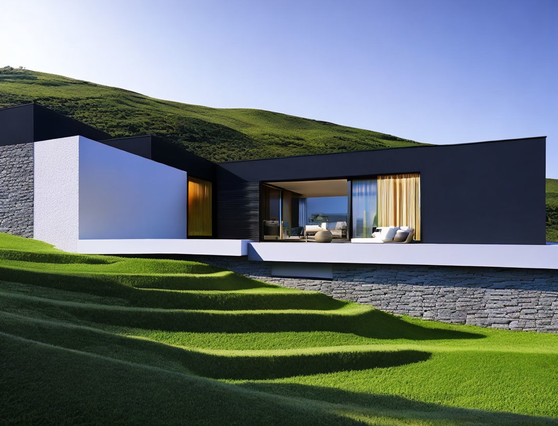 Contemporary House with Large Glass Windows on Grassy Hillside