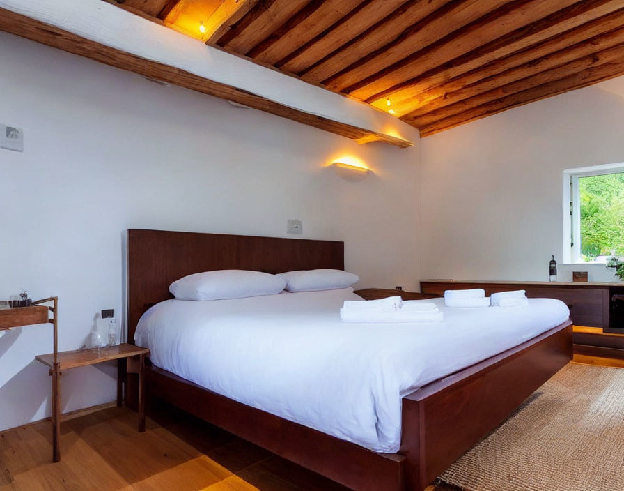 Spacious bedroom with white linens, wooden beams, green view, and towels on bed