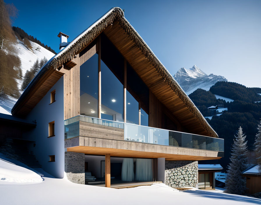 Modern Alpine Chalet with Large Windows and Snowy Mountain Backdrop