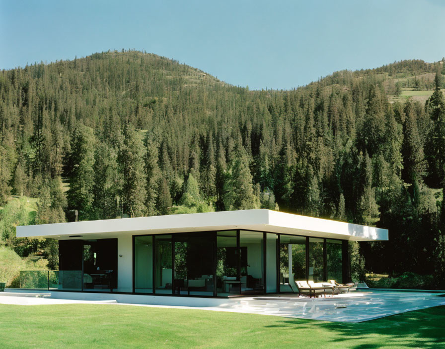 Contemporary house with large glass windows, flat roof, pool, and forested hill backdrop