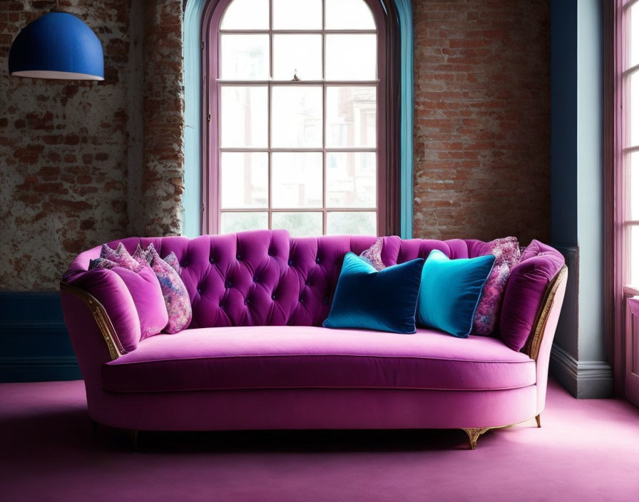 Purple Tufted Sofa with Colorful Cushions Against Brick Wall and Window in Pink Room