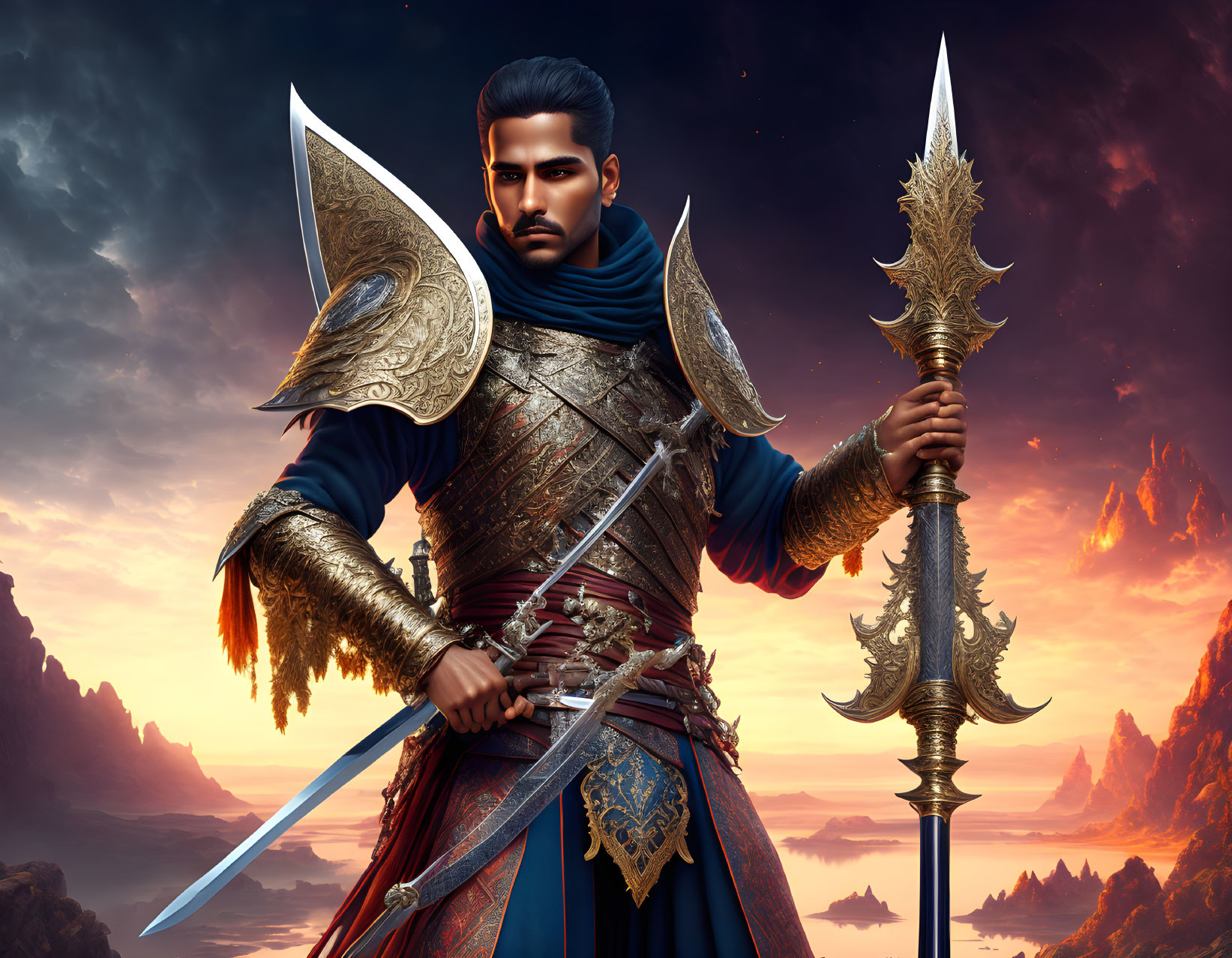 Regal warrior in ornate armor with two swords against fiery mountain backdrop