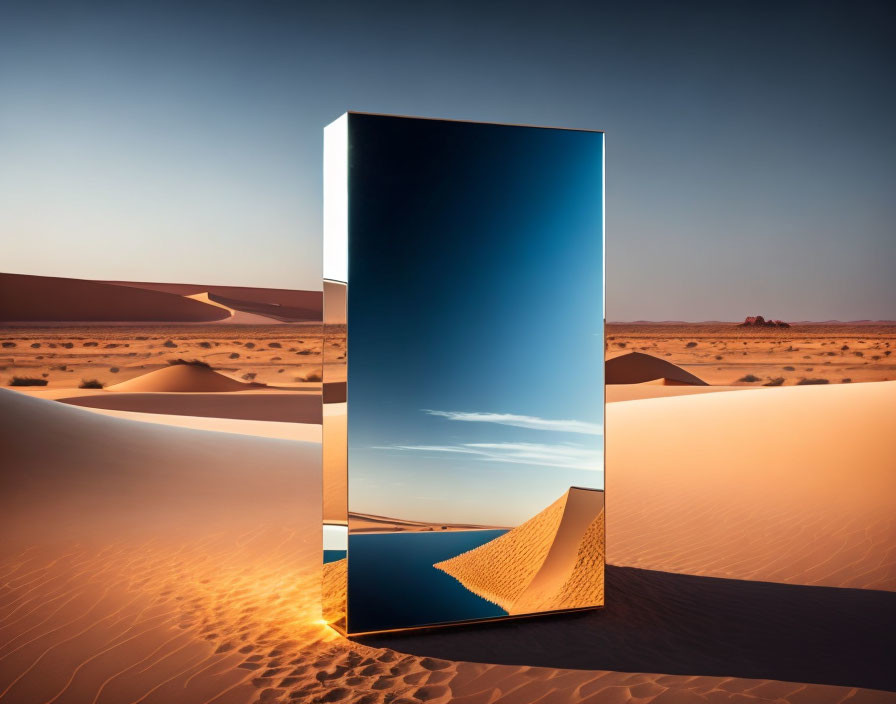 Desert landscape with large mirror reflecting blue sky and sand dunes