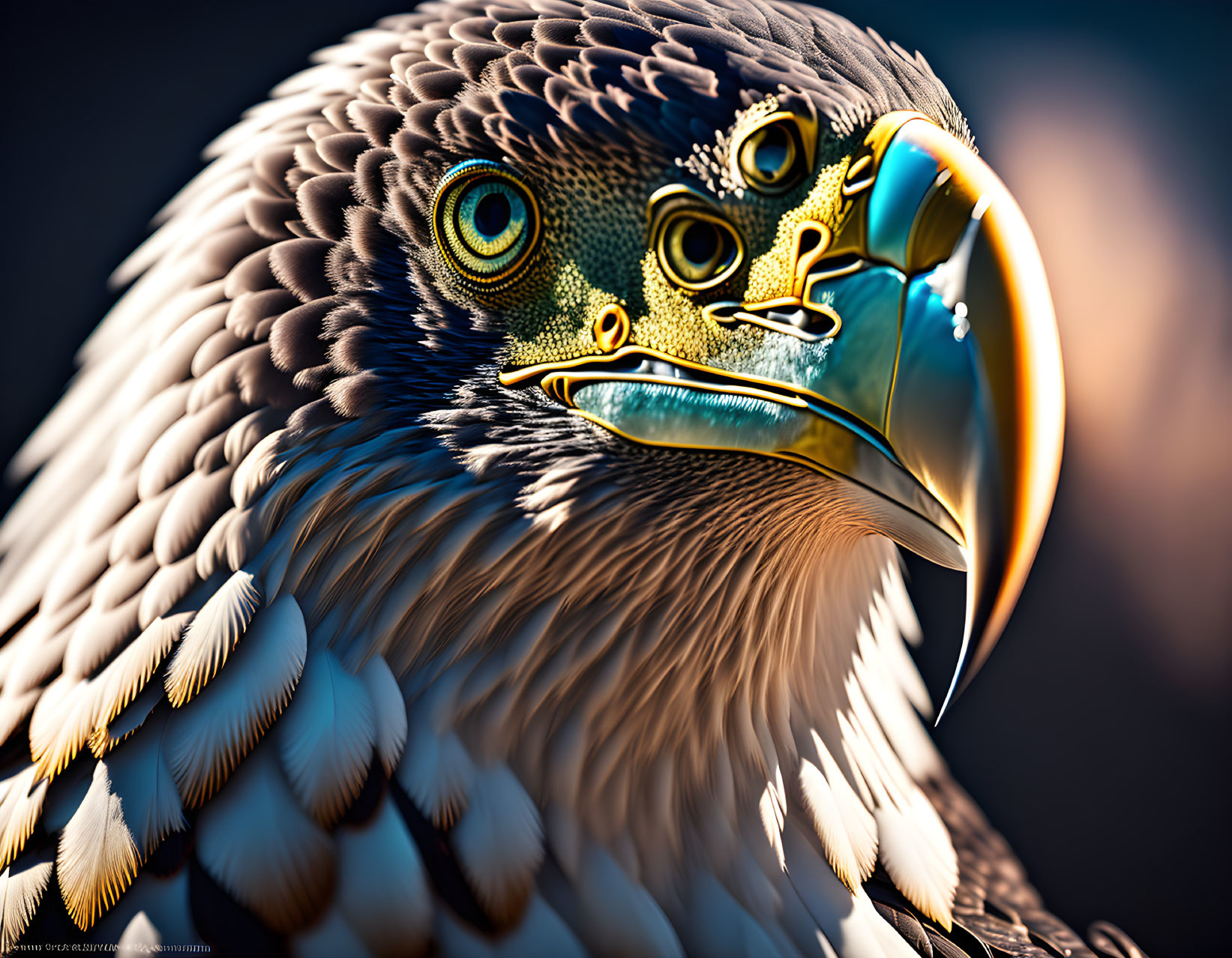 Detailed close-up of eagle's head with gleaming eyes and sharp beak under dramatic lighting