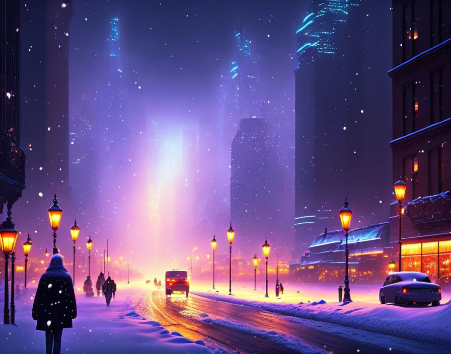 Snow-covered winter cityscape at night with illuminated streets and buildings