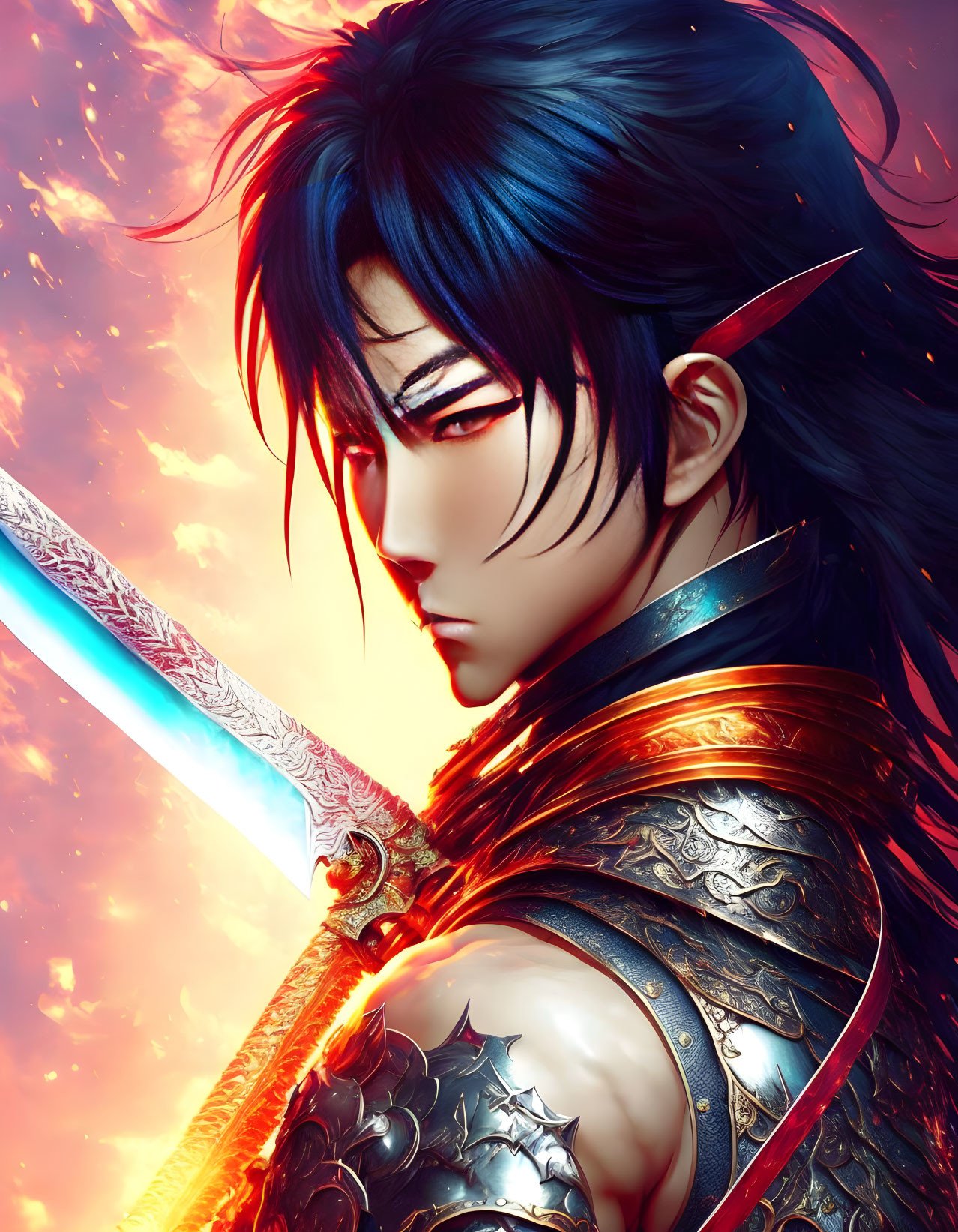 Illustrated warrior with blue hair and glowing sword in detailed armor against fiery backdrop