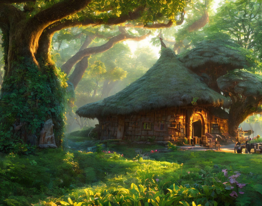 Moss-Covered Cottage in Enchanted Forest Setting