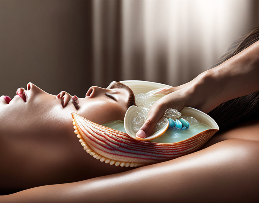 Woman receiving spa treatment with shells in serene setting