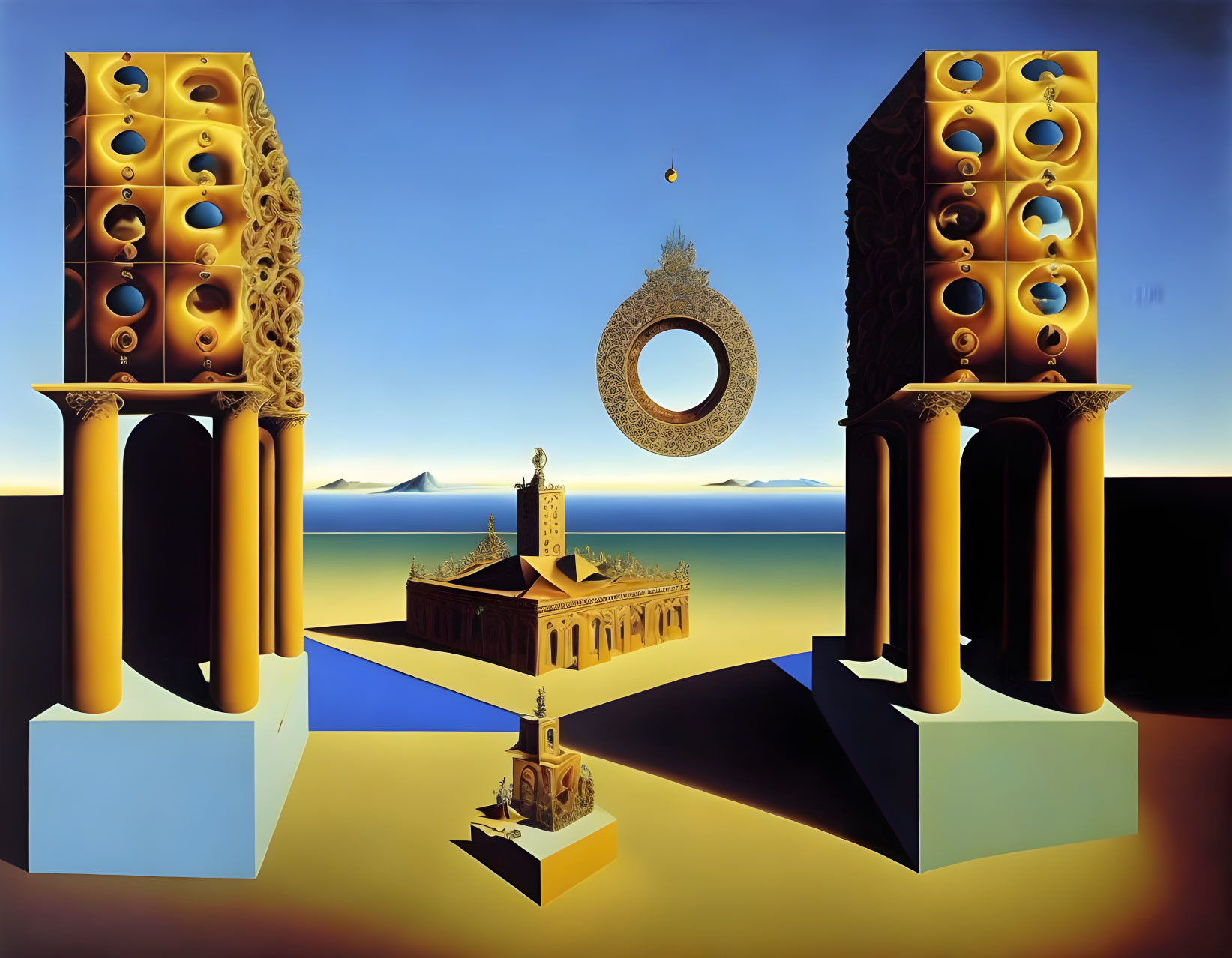 Surrealist painting with classical columns, floating ring, and small temple