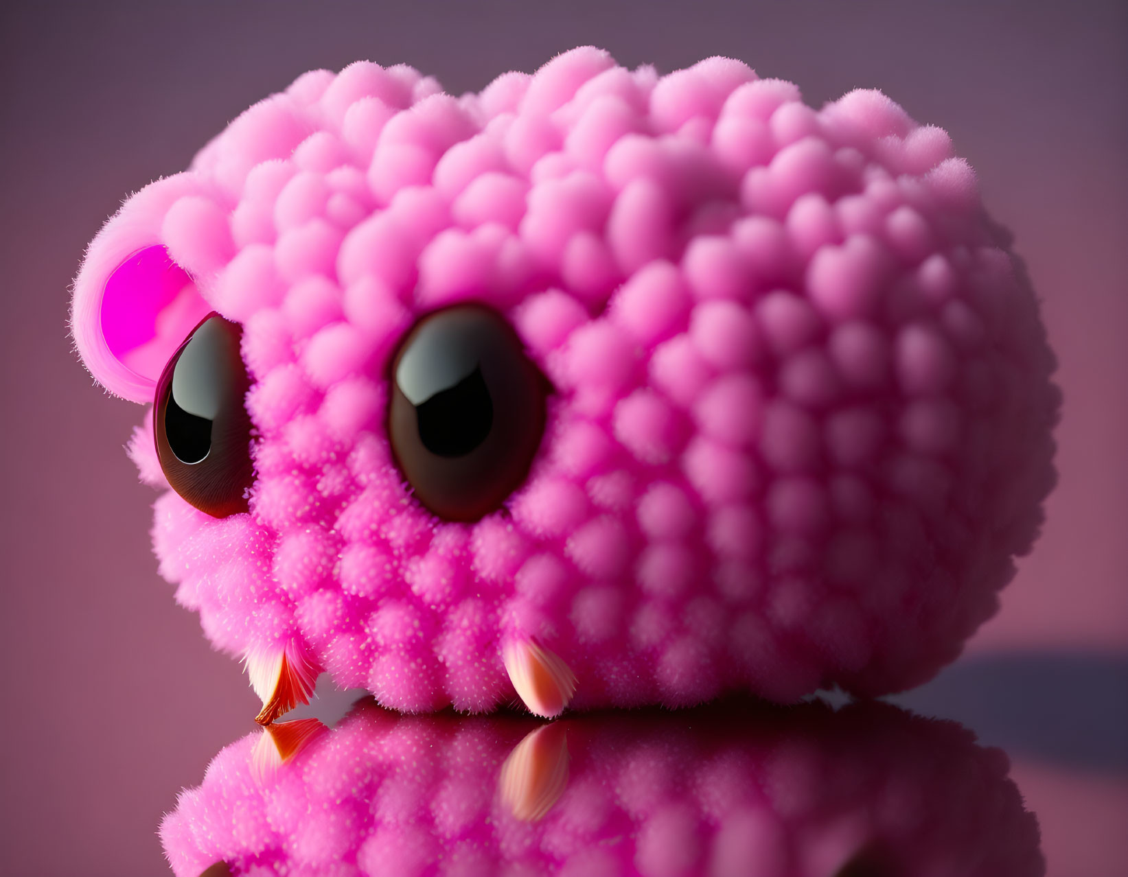 Pink fluffy creature with big eyes and tiny feet on glossy surface