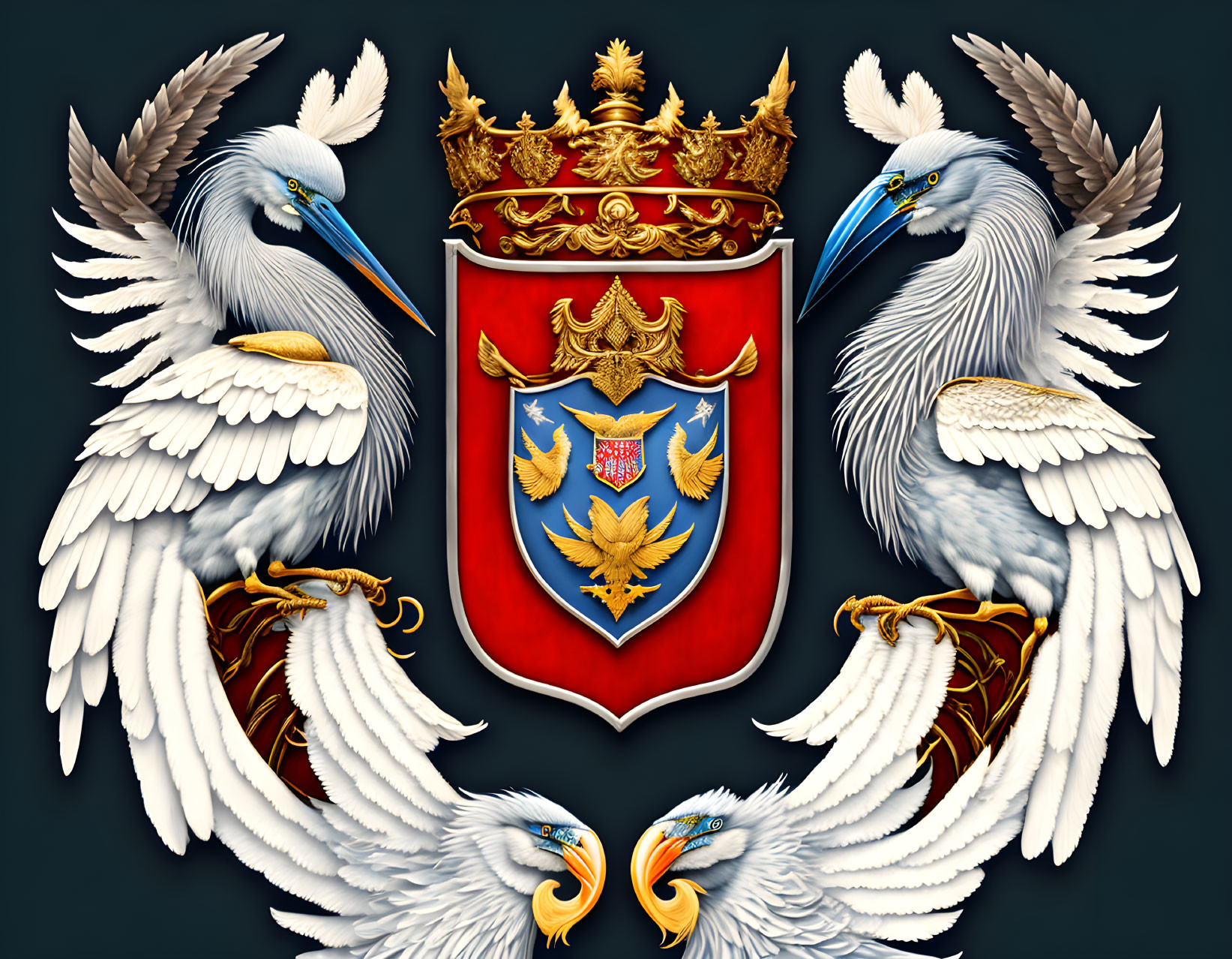 Symmetrical white herons and regal crest with red shield on dark background