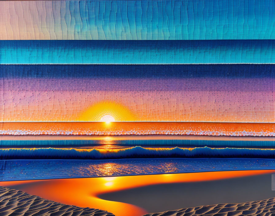 Pixelated sunset over beach with blue-orange gradient and distorted sun reflection.