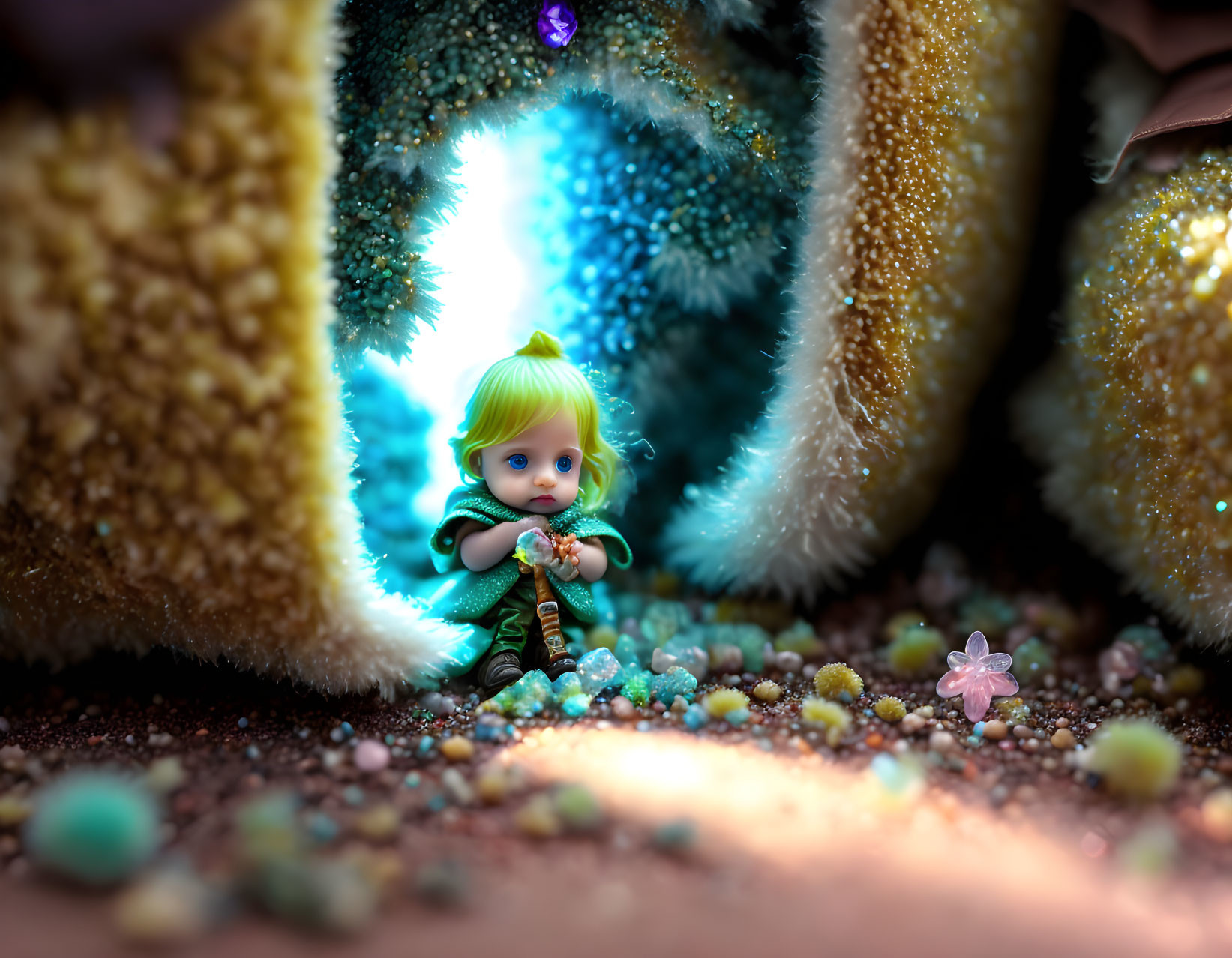 Blonde-Haired Doll in Green Outfit in Colorful Cave Environment