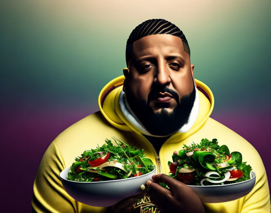 Man with Beard Holding Salad Plates in Yellow Hoodie on Colorful Background