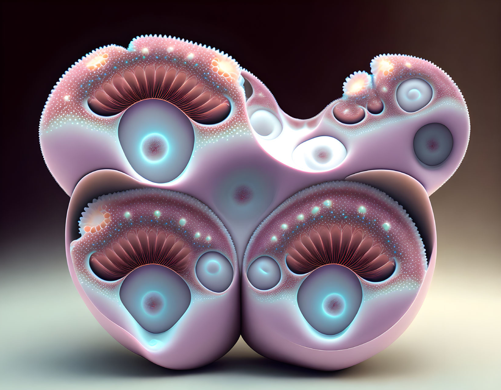 Swirling pastel pink and blue orbs in surreal fractal art