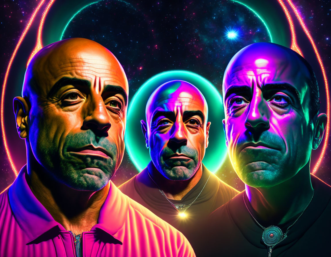 Three male faces with different expressions on neon-lit cosmic background