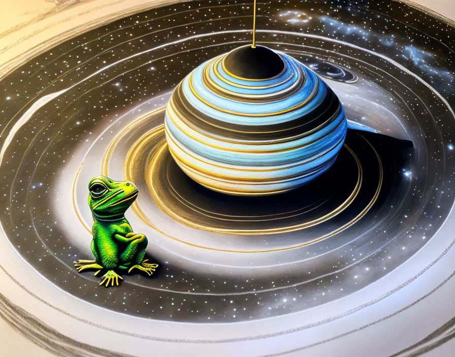 Colorful frog with ringed planet in space illustration