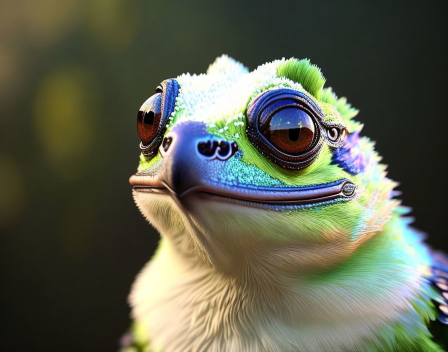 Colorful anthropomorphized frog with vibrant blue and green skin and expressive brown eyes