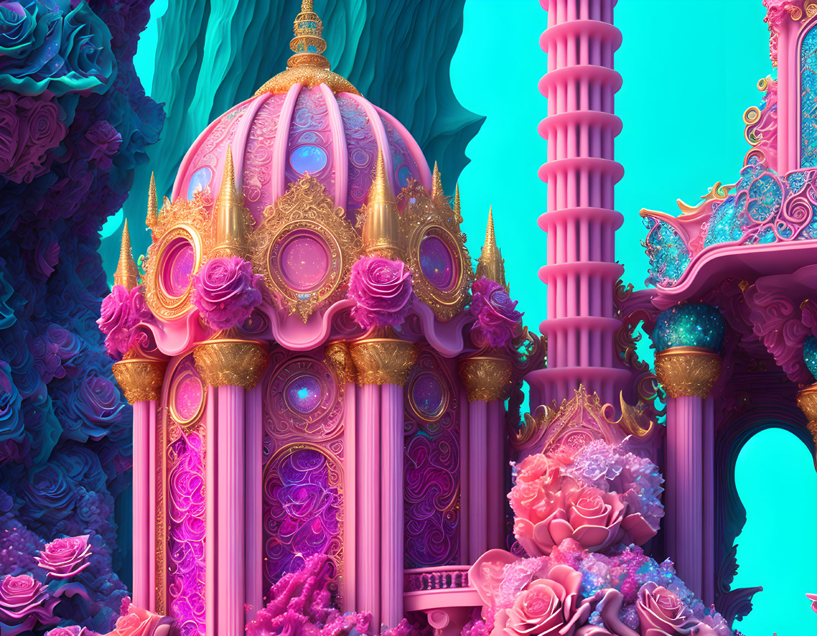 Fantasy scene with pink and gold dome and coral-like formations in blue and pink