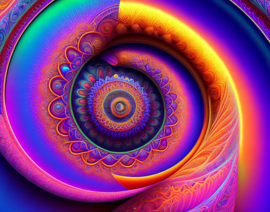 Colorful swirling fractal art with detailed mandala-like center in blue, orange, and purple