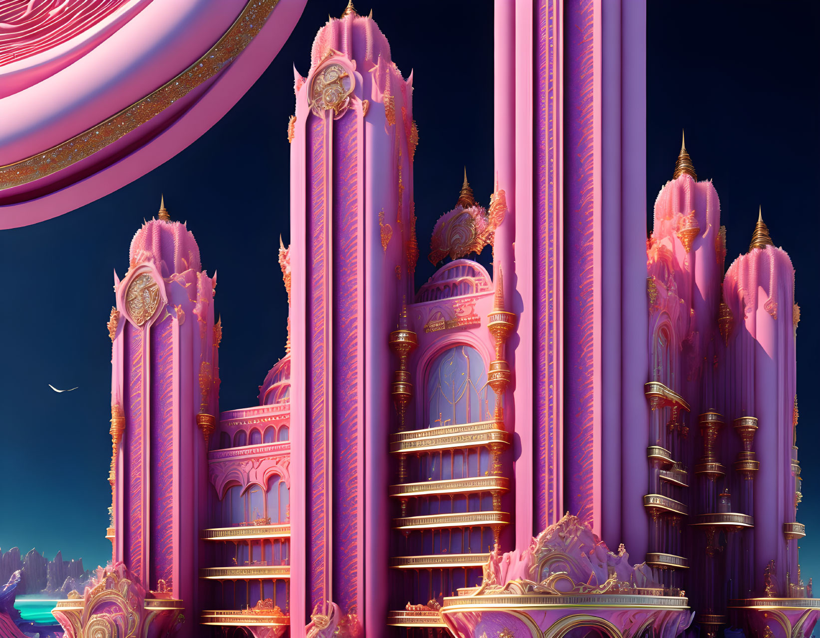 Fantastical image of towering pink and purple structures with golden accents against a blue sky.