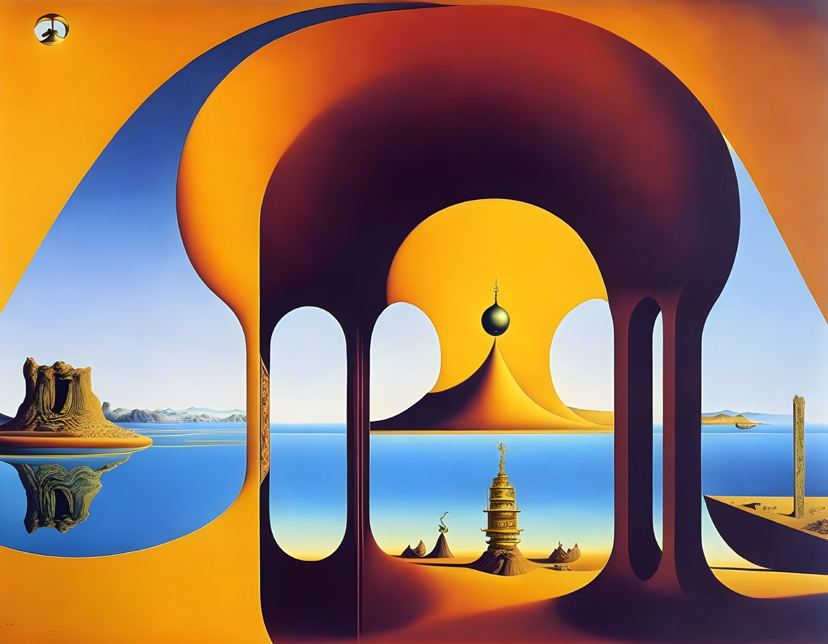 Vibrant surreal landscape with arches and reflective surfaces