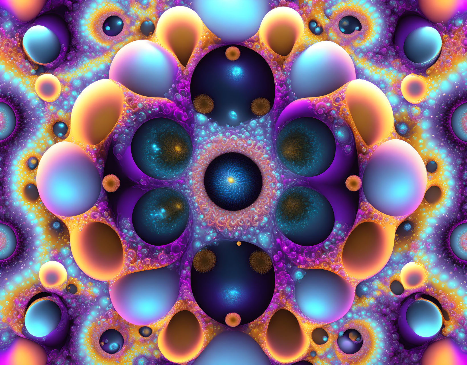 Colorful Fractal Image with Spheres and Textures in Purple, Blue, and Orange