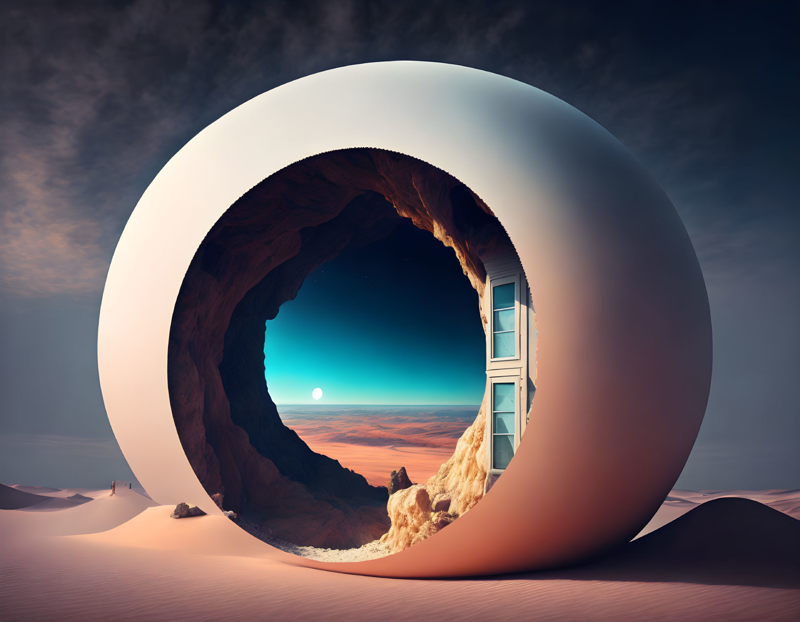 Surreal desert landscape with egg-like structure and moon in twilight sky