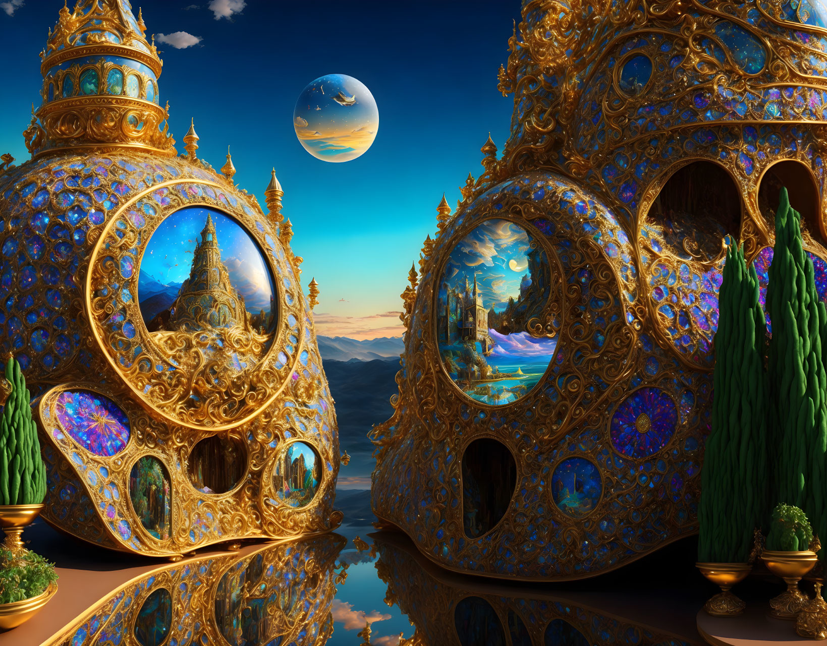 Fantasy architecture with golden details under blue sky