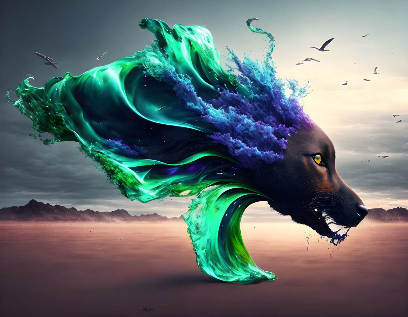 Surreal artwork: Dog's head with liquid fur against dramatic landscape