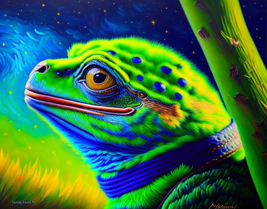 Colorful lizard artwork with intricate patterns against starry night sky