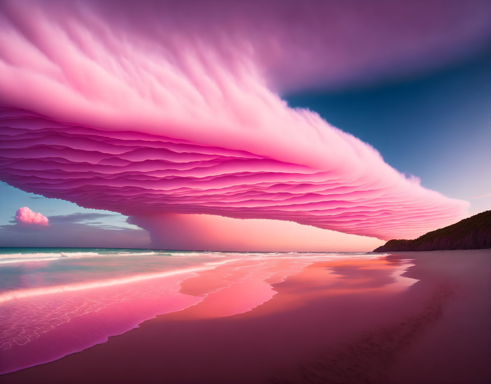 Surreal pink cloud formation over tranquil beach at sunset