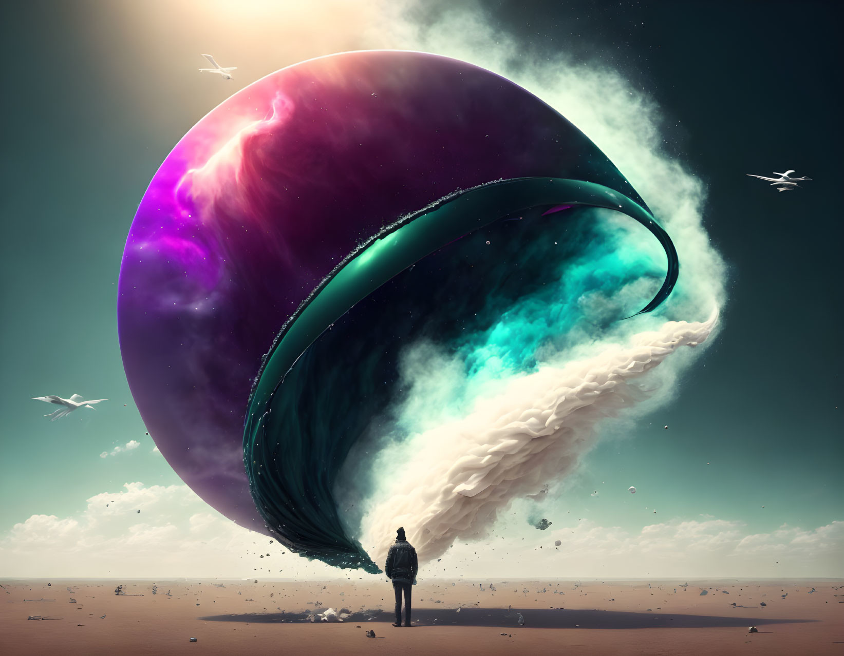 Barren landscape with surreal celestial sphere and colorful nebula patterns