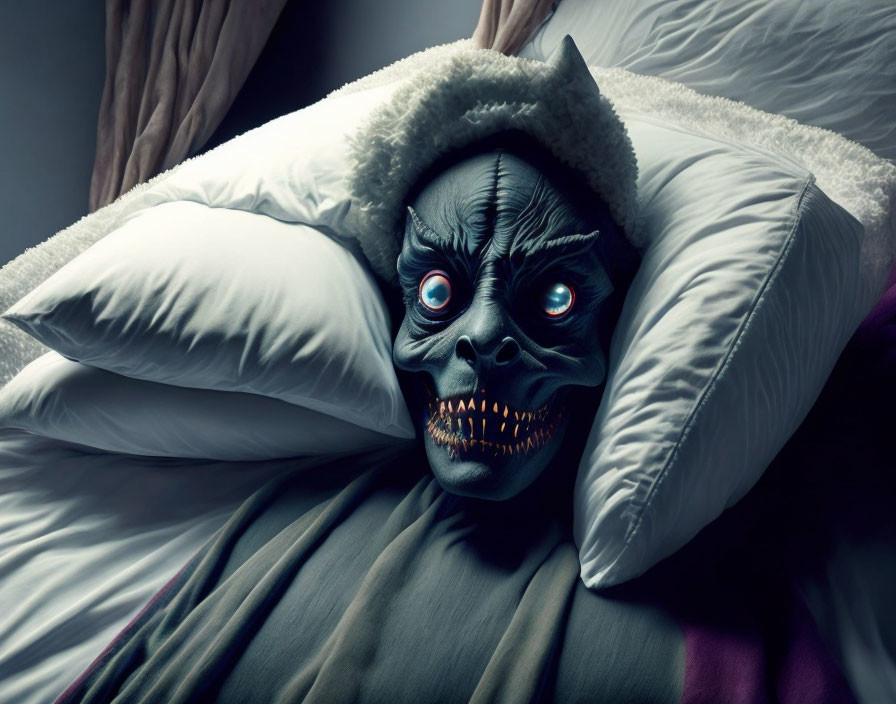 Person in scary monster mask lying in bed with red eyes and sharp teeth.