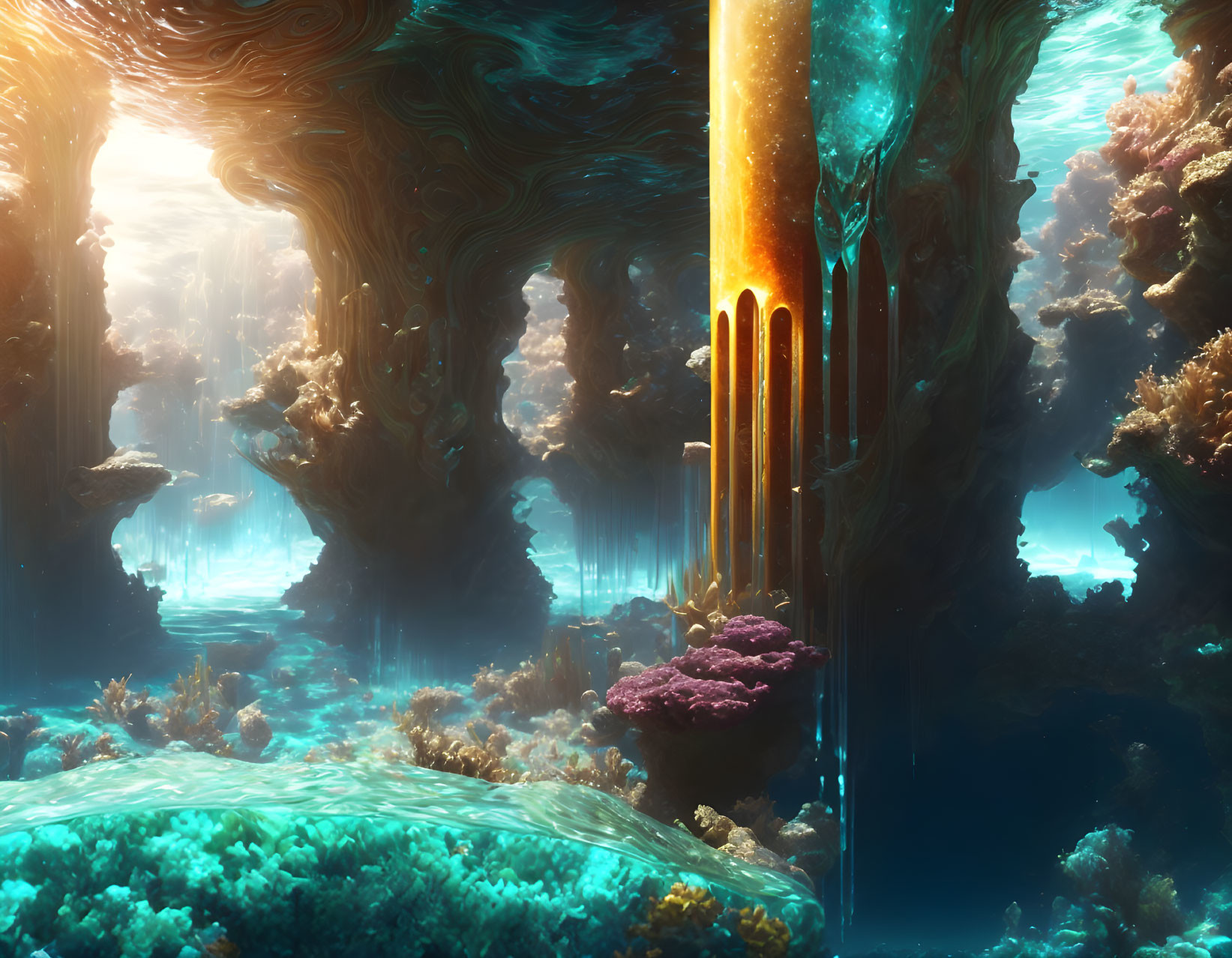 Vibrant coral in mystical underwater scene with towering structures