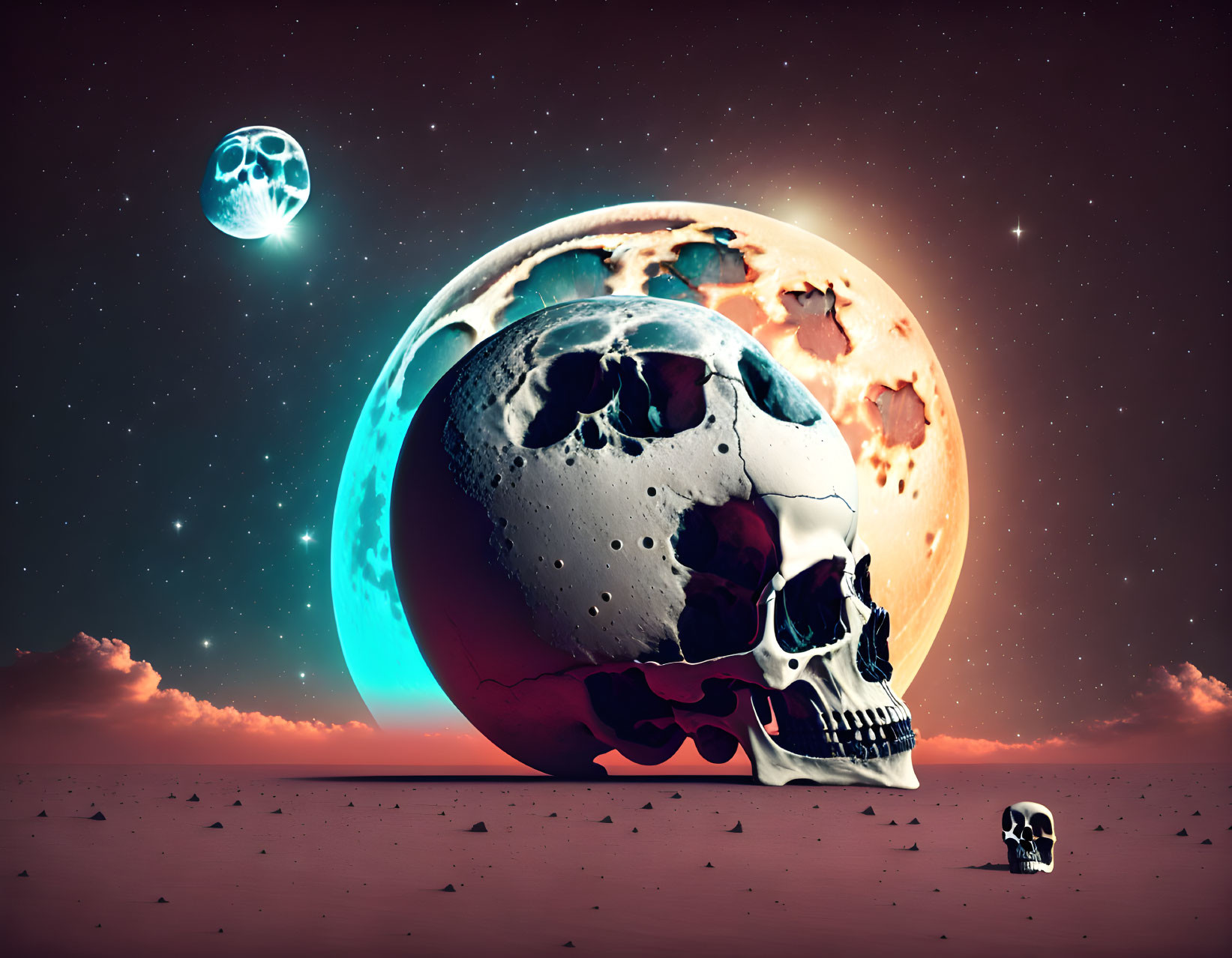 Surreal landscape with giant skull, planet, starry sky, and colorful horizon