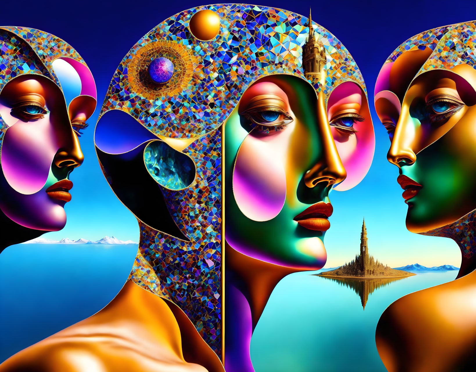 Vibrant surreal digital art of mosaic faces on blue sky landscape