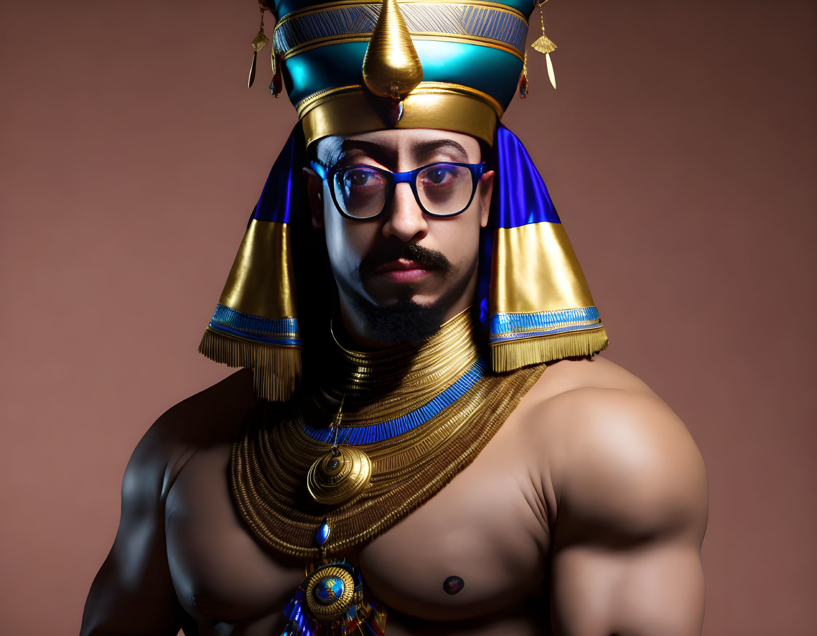 Elaborate ancient Egyptian pharaoh attire with golden accessories