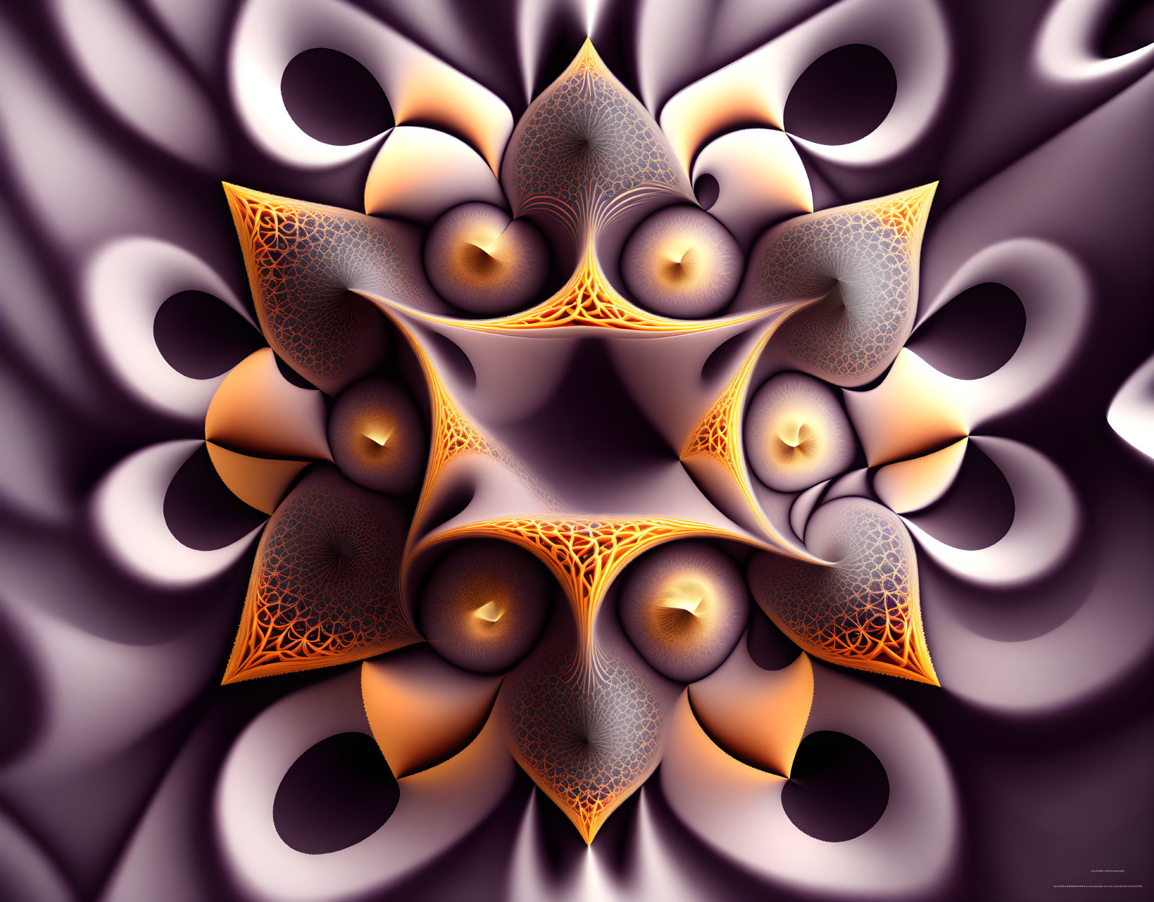 Symmetrical orange and black fractal art on purple gradient background