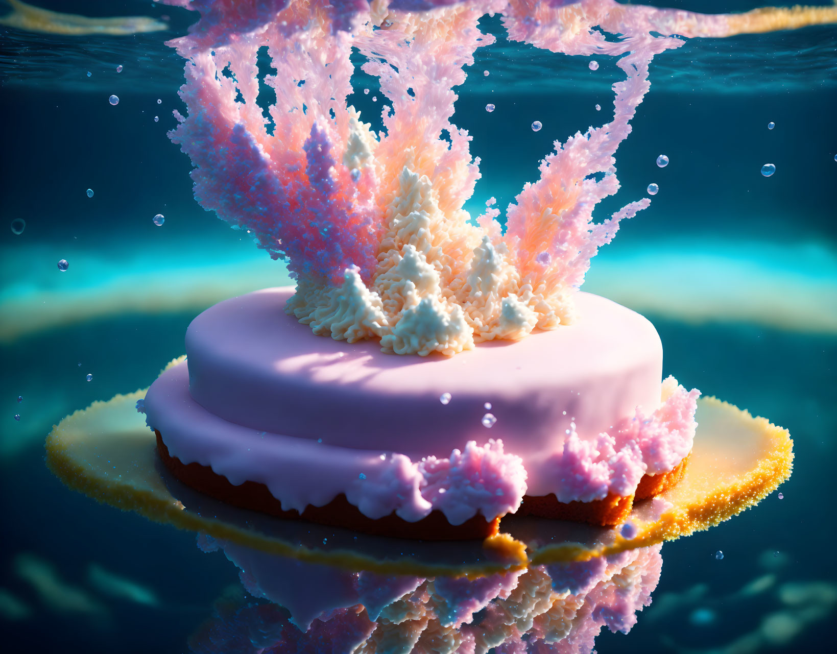 Surreal cake with coral-like frosting on water against blue background