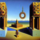 Surrealist painting with classical columns, floating ring, and small temple