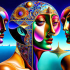 Vibrant surreal digital art of mosaic faces on blue sky landscape