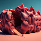 Surreal 3D-rendered landscape with red melty structure and conical shapes