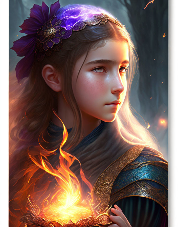 Young woman digital artwork with floral circlet, glowing hands, and fiery backdrop