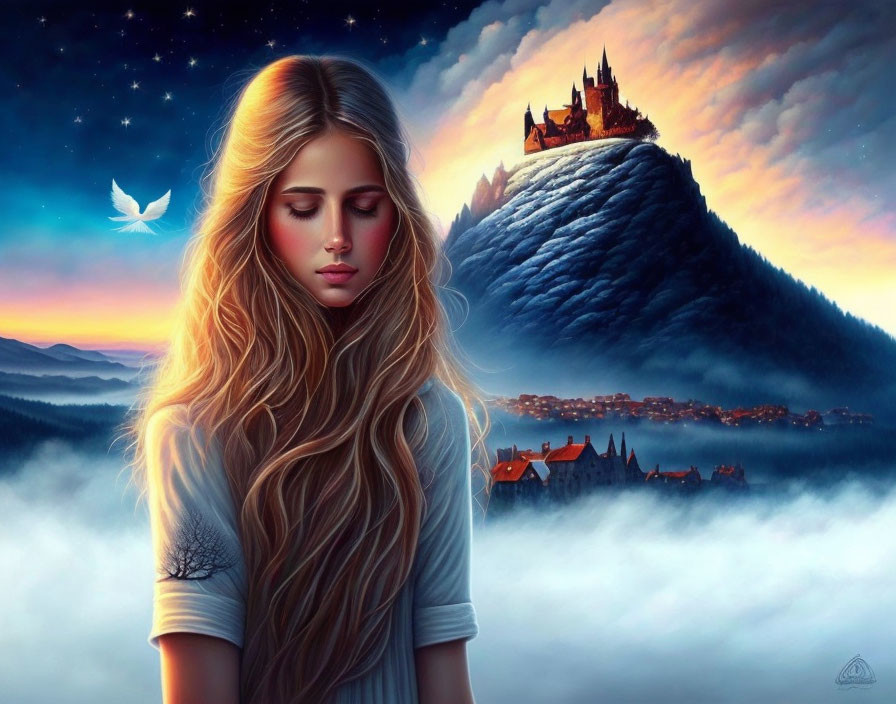 Illustration of woman with blonde hair, castle on mountain, bird in flight under starlit sky