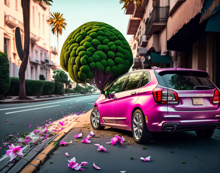 Vibrant purple car parked under green tree with pink petals on ground