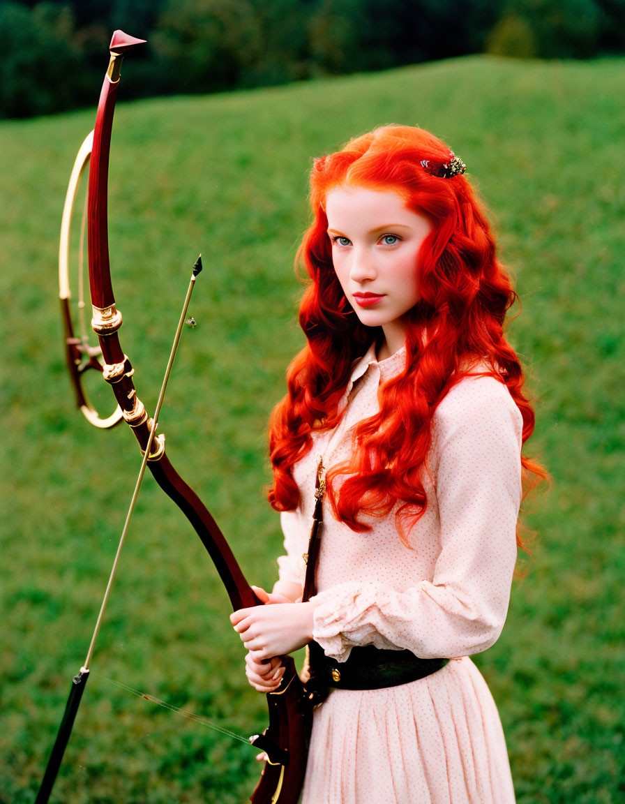 Long Red-Haired Woman with Bow in Medieval/Fantasy Attire in Field