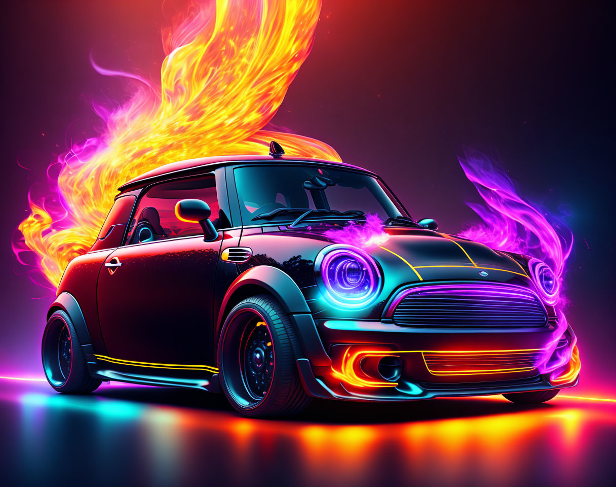 Colorful digital artwork of a neon-outlined Mini Cooper with flames, against a vibrant background.