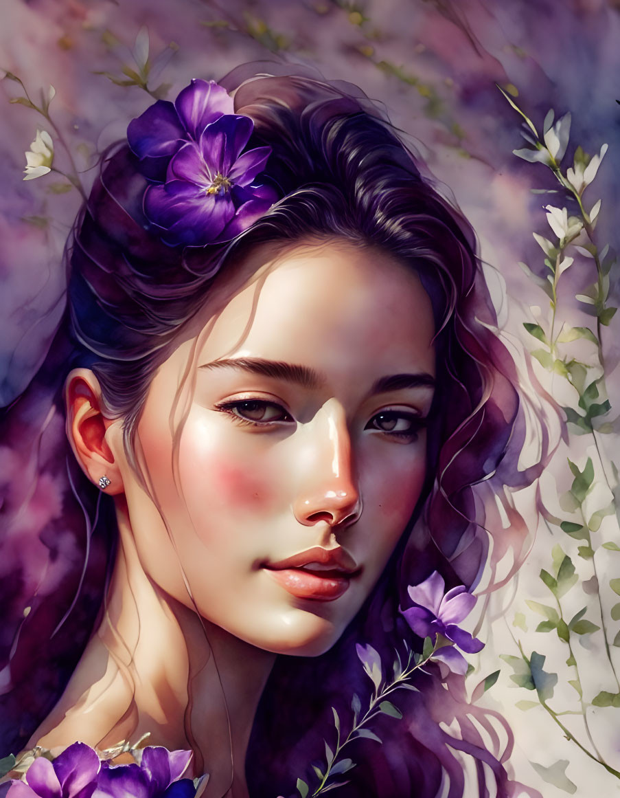 Digital painting: Woman with flushed cheeks, purple flowers, and serene expression